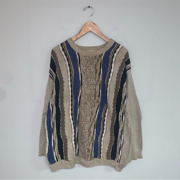 London Fog Sweater Men's Size Large Beige Brown Vintage COOGI Vibes Lightweight - Picture 2 of 7